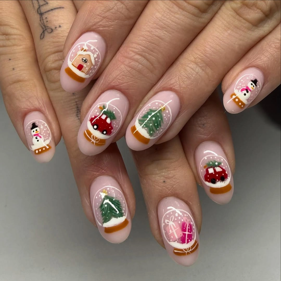 Pink holiday nails with snowmen, Christmas trees, red car and gifts